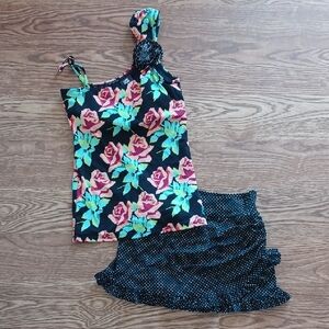 Lime Ricki Floral One-Shoulder Top and Polka Dot Skirt Set